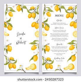 Plantilla de carta de cítricos de limón. Tarjeta de selección de comida de boda de verano. Menú de boda italiano. Cena de verano, menú de ducha nupcial de cítricos. Capri menú nupcial. Ilustración vectorial.