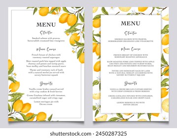 Lemon citrus menu card template. Summer wedding food selection card. Italian wedding menu. Summer dinner, citrus bridal shower menu. Capri bridal menu. Vector Illustration.