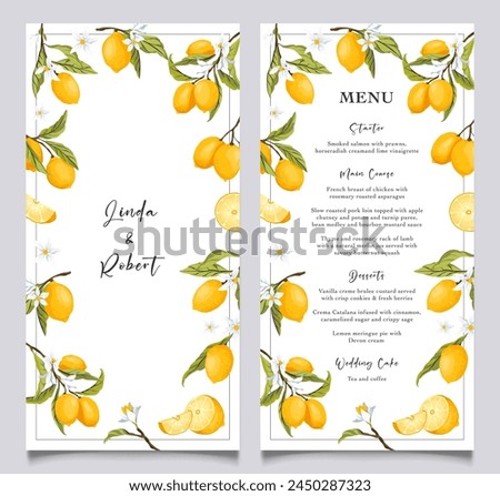 Lemon citrus menu card template. Summer wedding food selection card. Italian wedding menu. Summer dinner, citrus bridal shower menu. Capri bridal menu. Vector Illustration.