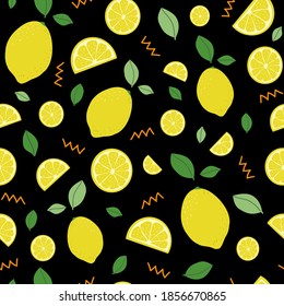 Lemon. Citrus pattern. Seamless pattern on black background. Lemones texture vector. Tropical fruit with hot summer mood. Great for use as decoration thematic banners, cards, prints, textiles, fabric.