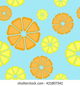 Lemon citrus pattern.Fruits pattern. Hand drawn seamless vector pattern. Engraving sketch illustration on blue background.  Simple vector illustration