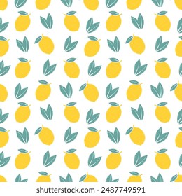 Lemon citrus seamless pattern background with green leaf on white background. Lemon falling from different angles. 