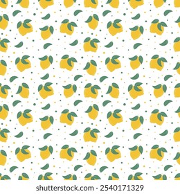 Lemon citrus seamless pattern background with green leaf on white background. Lemon falling from different angles.	
