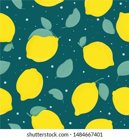 Lemon Citrus seamless pattern with leaves. Tropical background Vector bright print for fabric or wallpaper.