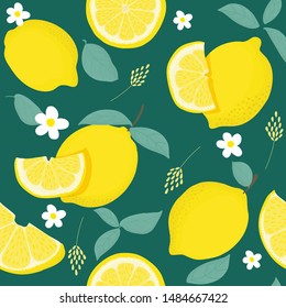 Lemon Citrus seamless pattern with leaves. Tropical background Vector bright print for fabric or wallpaper.