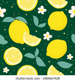 Lemon Citrus seamless pattern with leaves. Tropical background Vector bright print for fabric or wallpaper.