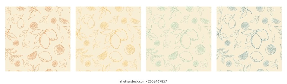 Lemon, citrus, seamless pattern, pastel, fruit, background .pastel-toned lemon illustrations in a seamless pattern, ideal for packaging, wrapping paper, or organic product branding