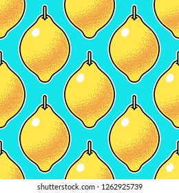 Lemon, citrus seamless pattern. Textured, sticker style lemons on blue background.