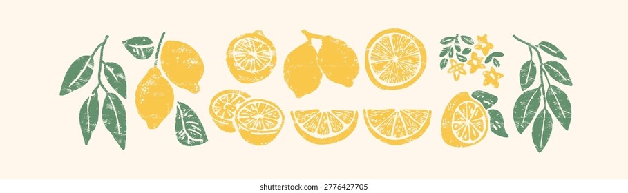 Lemon citrus set with leaves, flowers, slices and wedges in yellow-green linocut woodcut style — rustic botanical collection for summer mediterranean kitchen design