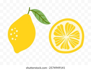 Lemon citrus slice and whole fruit. Set of hand drawn abstract colorful fruits. Natural tropical collection. Vector illustration in modern cute flat cartoon style.