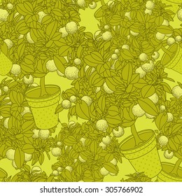 Lemon citrus tree in pot. Wallpaper seamless pattern