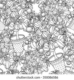 Lemon citrus tree in pot. Wallpaper seamless pattern