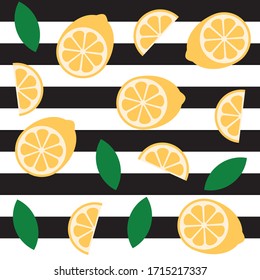 Lemon citrus vector fun seamless pattern on a black and white striped background. Pattern for printing on fabrics, festive and confectionery packaging, wallpaper. Lime shapes element texture