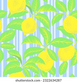 Lemon citrus vector pattern. Seamless tropical illustration. Botanic summer print. Tropic fruit wallpaper.