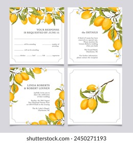 Lemon citrus wedding invitation collection. Elegant modern summer invitation, lemon fruits with leaves and flowers, blossom illustration. Vector illustration template design.