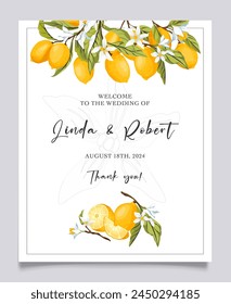 Invitación de boda de limón cítrico. Tarjeta de anuncio de boda de jardín de verano. Juego de invitación de boda italiana, mediterránea. Amalfi Ramas de limón con frutas, flores y hojas. Elegante Plantilla moderna.