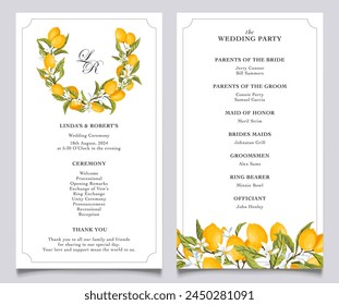 Lemon citrus wedding program template. Elegant modern wedding program. Wedding ceremony details. Wedding party members. Lemon wreath with fruits, flowers and leaves. Vector illustration.