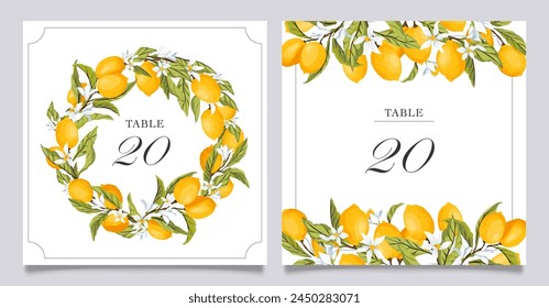 Lemon citrus wedding table numbers template. Elegant modern summer table numbers. Lemon botanical wreath. Lemon branches with fruits, flowers and leaves. Italian wedding concept. Vector illustration.