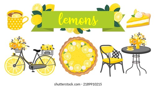 Lemon Clipart Set. Lemon Pie, Bicycle With Lemon Box, Ribbon, Lemon Branches. Vector Clipart.