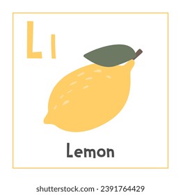 Lemon clipart. Lemon vector illustration cartoon flat style. Fruits start with letter L. Fruit alphabet card. Learning letter L card. Kids education. Cute lemon vector design