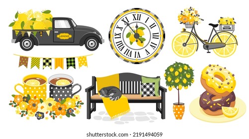 Lemon Cliparts Set. A Truck With Lemons, A Bicycle With A Flower Basket, A Bench, Glazed Donuts, A Tree. Vector Clipart.