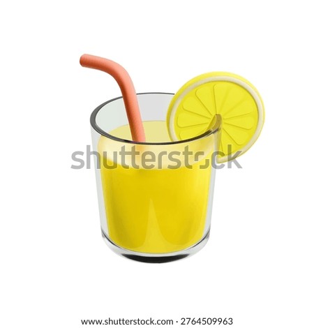 Lemon Cocktail 3d render cartoon glass. Summer lemonade, alcohol drink, refreshing beverage with straw and lemon slice, beach cold lemonade drink. Vector icon