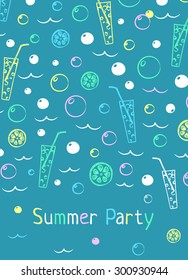 Lemon cocktail background in bright colors. Invitation card for cocktail party, summer or beach party. Greeting vertical banner. Vector