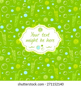 Lemon cocktail background with frame and empty space for text. Invitation card for cocktail party, summer or beach party. Greeting square banner. Menu template. Vector 