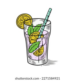 Lemon cocktail hand drawn colorful cartoon style vector art illustration.