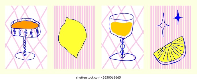 Lemon and cocktail poster in amalfi italian style. Whimsical hand drawn poster with fruit and champagne in blue and yellow color. Amalfi mediterranean vector hand drawn style.
