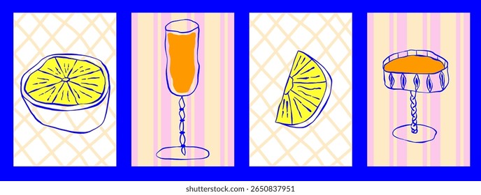 Cartaz de limão e coquetel em estilo italiano amalfi. Cartaz desenhado à mão fantástico com frutas e champanhe em azul e amarelo. Amalfi mediterranean vetor mão desenhado estilo.