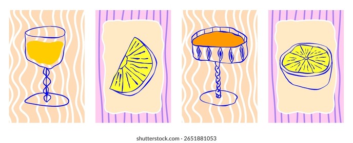 Cartaz de limão e coquetel em estilo italiano amalfi. Cartaz desenhado à mão fantástico com frutas e champanhe em azul e amarelo. Amalfi mediterranean vetor mão desenhado estilo.