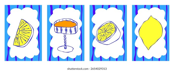 Lemon and cocktail poster in amalfi italian style. Whimsical hand drawn poster with fruit and champagne in blue and yellow color. Amalfi mediterranean vector hand drawn style.