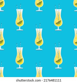 Lemon cocktail seamless pattern background with cocktail glasses and blue hawaii background, CMYK color EPS flie.