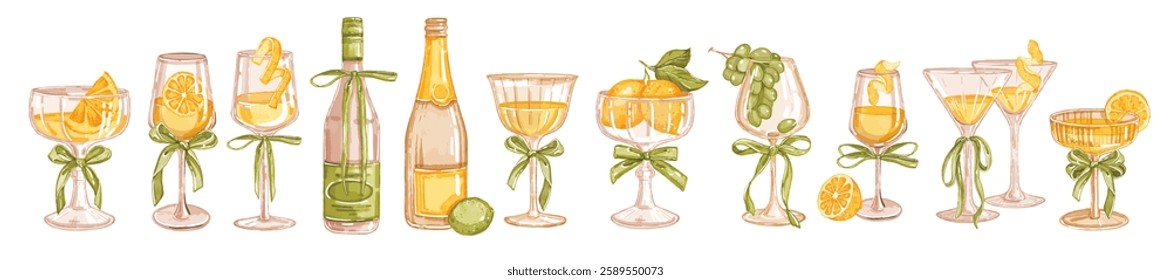 Lemon cocktail set, vector watercolor alcohol beverages illustration, Italian wedding drinks print. Hand drawn elegant wine martini glass, green ribbon bow, limoncello liqueur. Lemon cocktail graphic