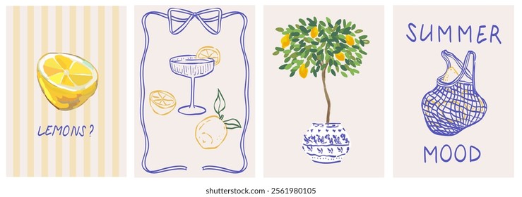 Lemon, cocktail and lemon tree in blue Mediterranean vase. Vector elegant colorful doodle illustration of lemons, frames for poster, invitation, placard. Italian style vacation vector illustration.