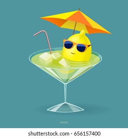 Lemon cocktail. VECTOR illustration. Lemon in sunglasses floating in a glass with a drink.