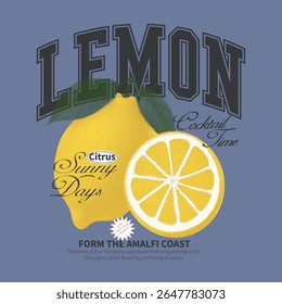 Lemon collage vibes font and citrus graphics. Amalfi lemon fruit print graphic. Citrus t-shirt design. women's girls graphic tee print