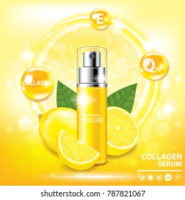 Lemon collagen vitamin skin care cream , serum banner vector illustration