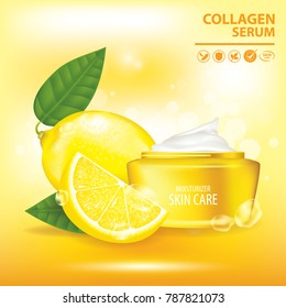 Lemon collagen vitamin skin care cream , serum banner vector illustration