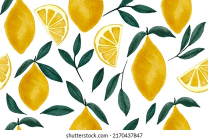 Lemon Collection vector Summer fruit set full, sliced and leaves painted on white background. Citrus fruit seamless pattern