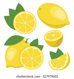 Lemon. Collection of whole and sliced lemon fruits. Vector illustration.