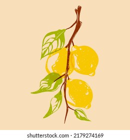 Lemon. Colorful cute screen printing effect. Riso print effect. Vector illustration. Graphic element  for fabric, textile, clothing, wrapping paper, wallpaper, poster. 