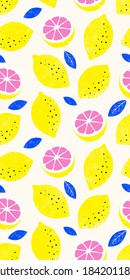 Lemon colorful seamless pattern. Trendy summer background. Vector bright print for fabric or wallpaper.