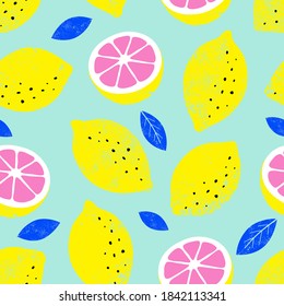 Lemon colorful seamless pattern. Trendy summer background. Vector bright print for fabric or wallpaper.