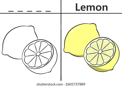 Lemon coloring pages for kids and learning to recognize letters, fruit recognition cards, media for various games in early childhood learning