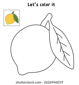 Lemon coloring pages for kids. Trace and color Lemon. Lemon fruit flashcard for kids vector illustration. Letters L is for Lemon. Fun fruit summer worksheets printable for kids activity.