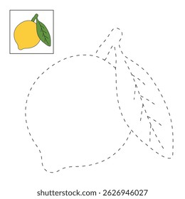 Lemon coloring pages for kids. Trace and color Lemon. Lemon fruit flashcard for kids vector illustration. Letters L is for Lemon. Fun fruit summer worksheets printable for kids activity.