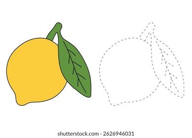 Páginas de coloração de limão para crianças. Traço e cor Limão. Flashcard de frutas de limão para ilustração vetorial de crianças. A letra L é para o limão. Planilhas de verão de frutas divertidas imprimíveis para atividades infantis.