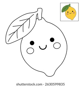 Lemon coloring pages for kids. Trace and color Lemon. Lemon fruit flashcard for kids vector illustration. Letters L is for Lemon. Fun fruit worksheets printable for kids activity.